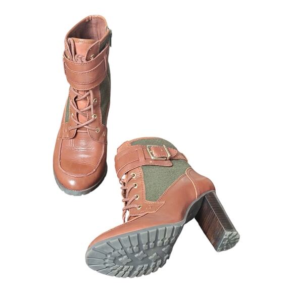 Antonio Melani Garnett Brown Green Leather Lace Up Buckle Zip Heel Boots US 7.5M - Picture 4 of 10